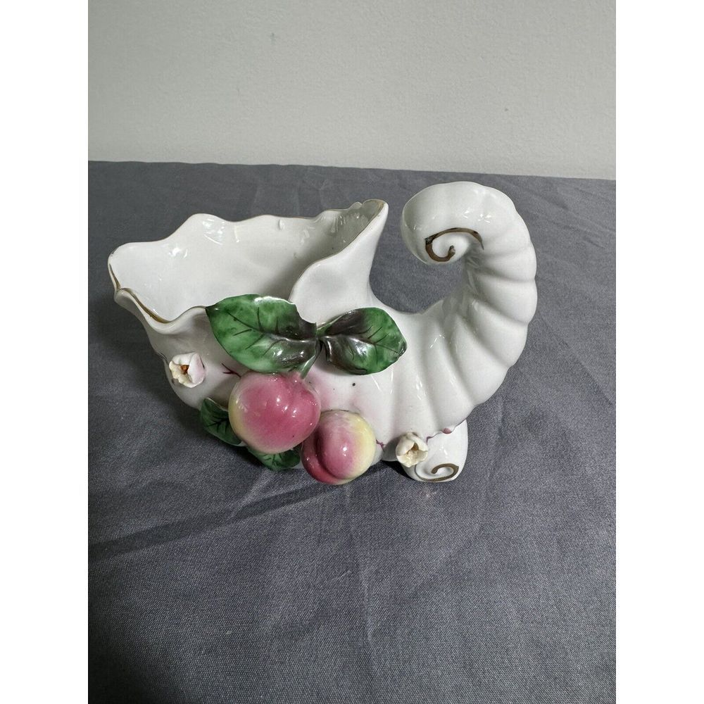 Vintage mini Porcelain ceramic‎ cornucopia fruit flowers with gold trim